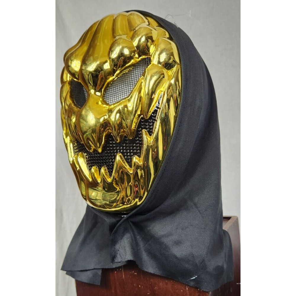 Halloween Gold Colored Skull Slip On Scary Mask Plastic Black Cloth Adult